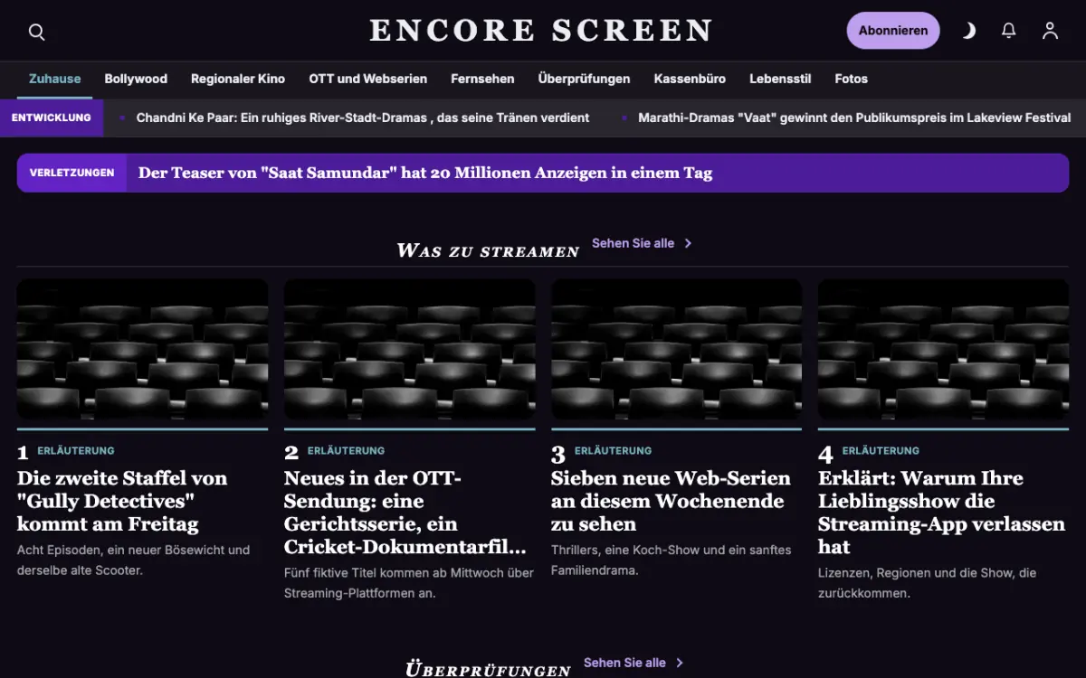 Curtaincall – Website-Vorlage für Unterhaltung-News, Desktop-Ansicht