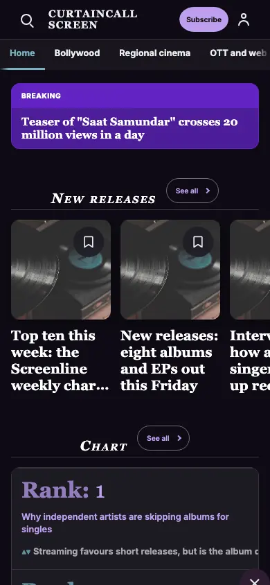Curtaincall — Entertainment News app, phone view