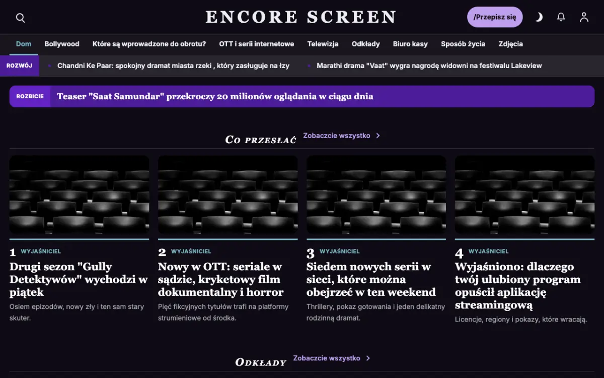 Curtaincall – szablon strony (Rozrywka: wiadomości), widok na komputerze