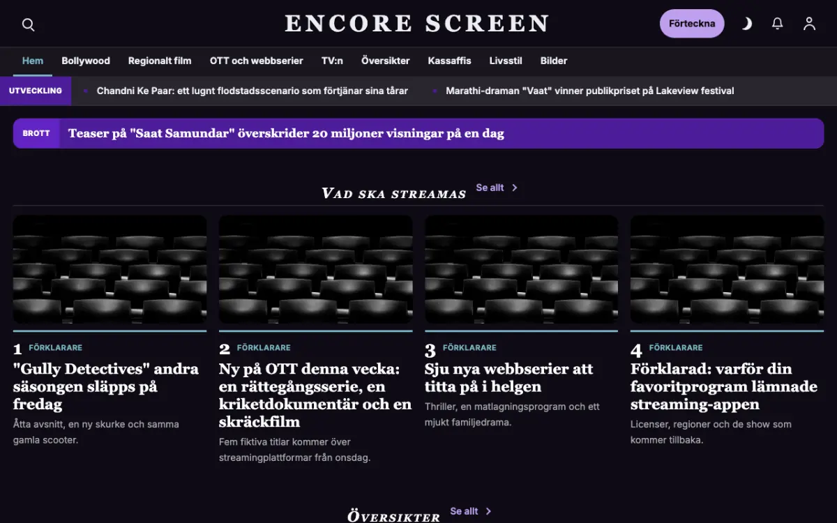 Curtaincall – webbplatsmall för Nöje News, skrivbordsvy
