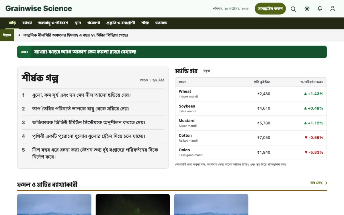 Grainwise — বিজ্ঞান সংবাদ ওয়েবসাইট টেমপ্লেট, ডেস্কটপ ভিউ