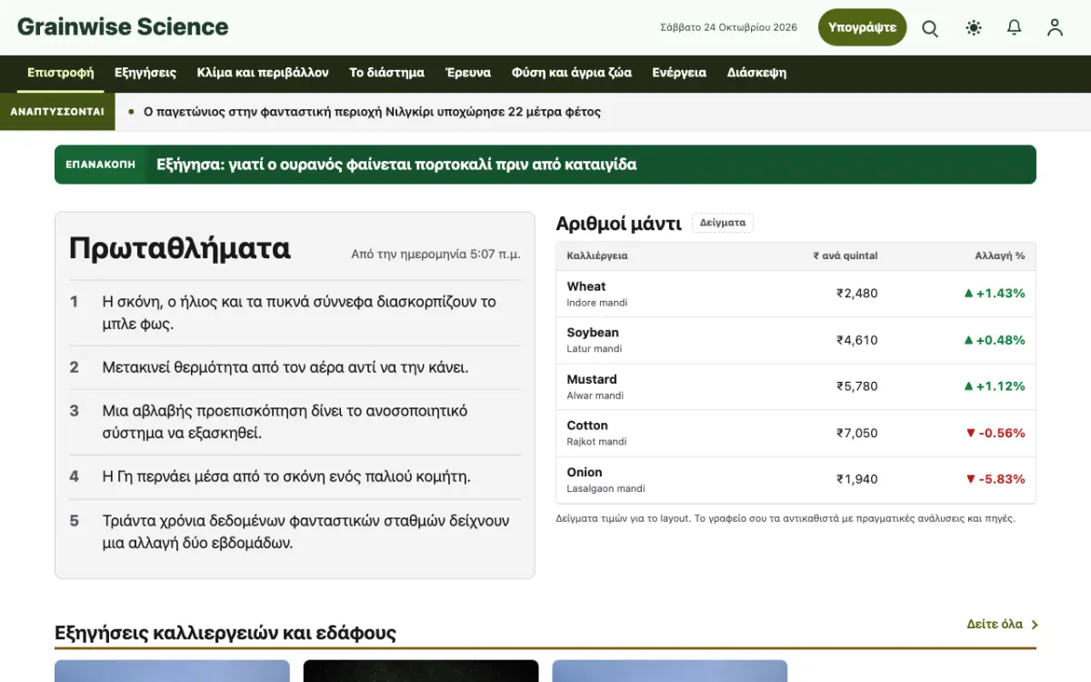 Grainwise — πρότυπο ιστοσελίδας κατηγορίας Ειδήσεις: Επιστήμη, προβολή σε υπολογιστή