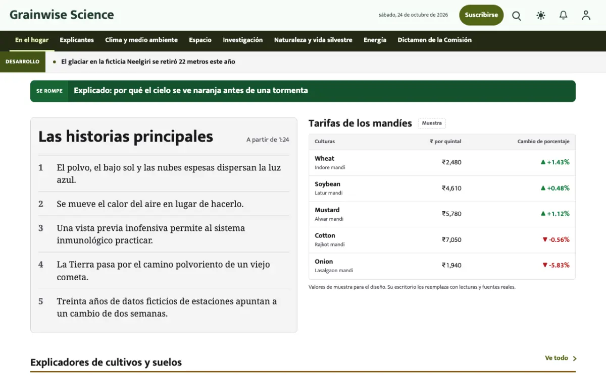 Grainwise — plantilla de sitio web de Noticias de Ciencia, vista de escritorio