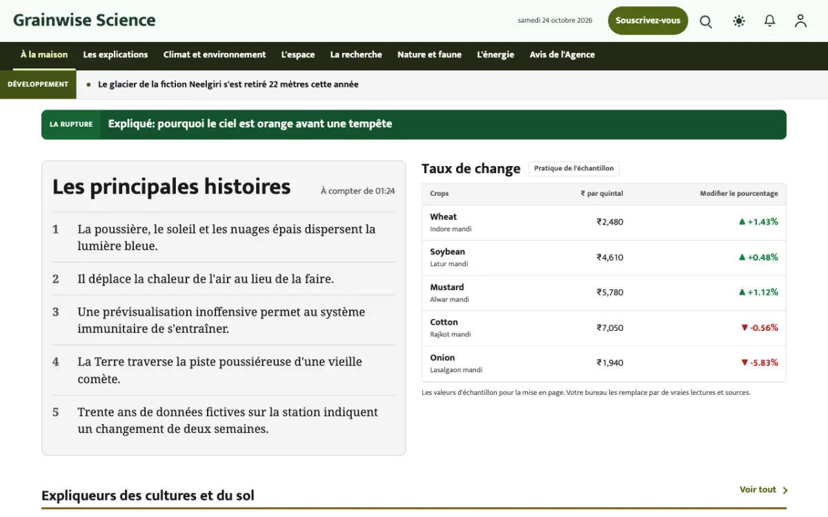 Grainwise — modèle de site web Actualités Science, vue sur ordinateur