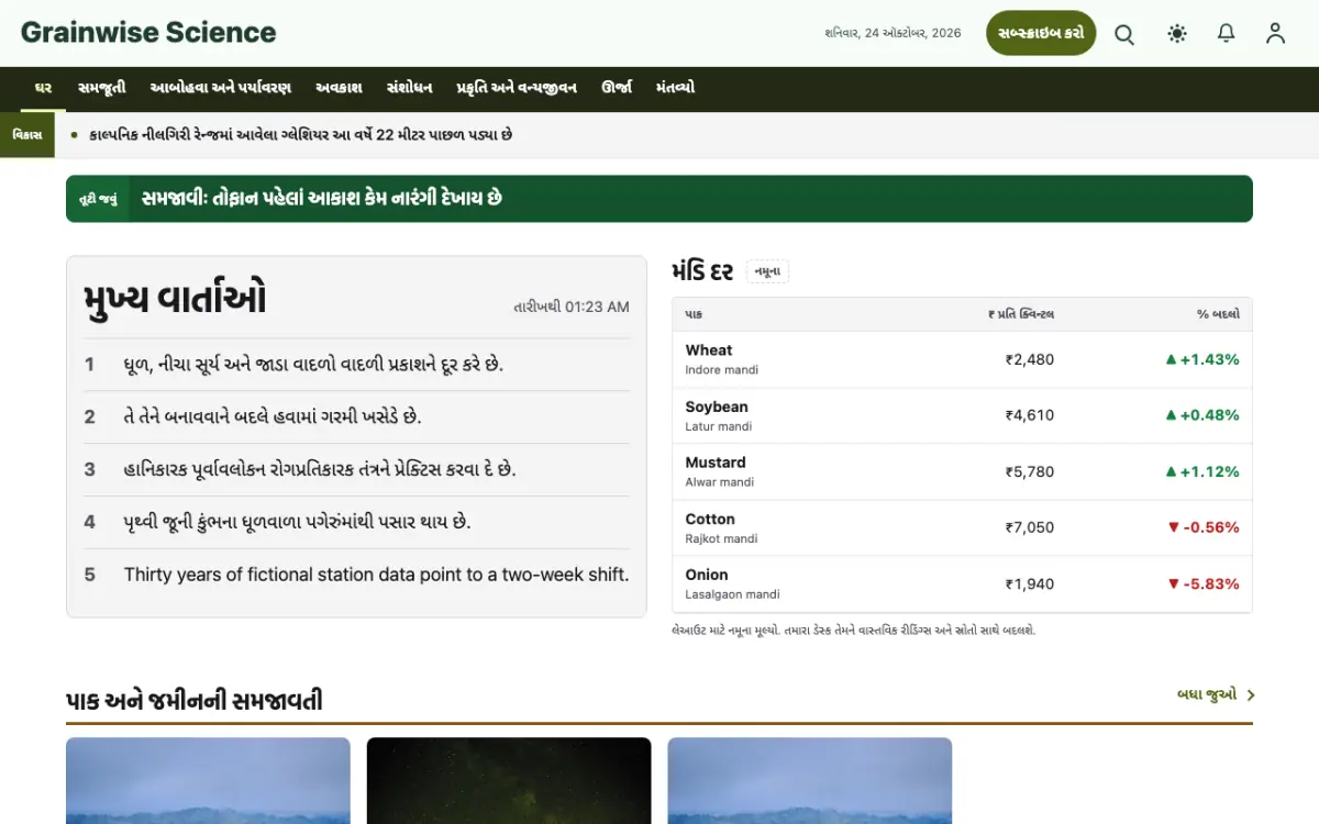 Grainwise — વિજ્ઞાન સમાચાર વેબસાઇટ ટેમ્પલેટ, ડેસ્કટોપ વ્યૂ