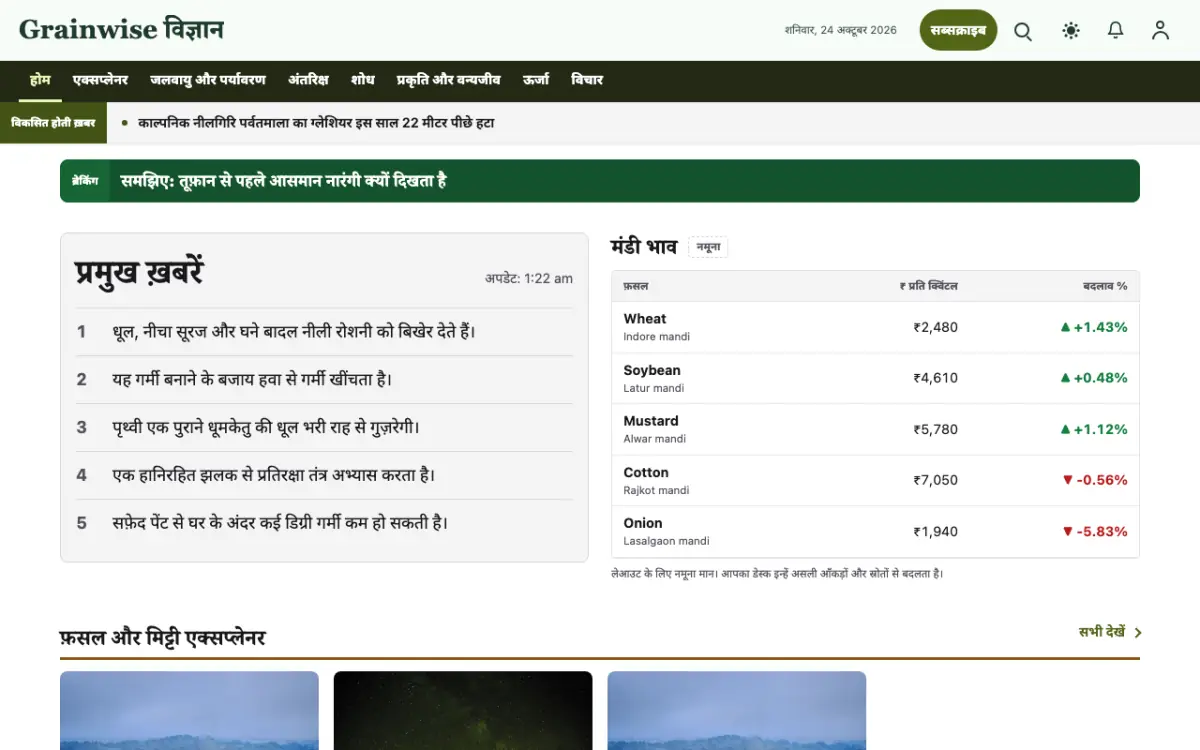 Grainwise — विज्ञान न्यूज़ वेबसाइट टेम्पलेट, डेस्कटॉप व्यू
