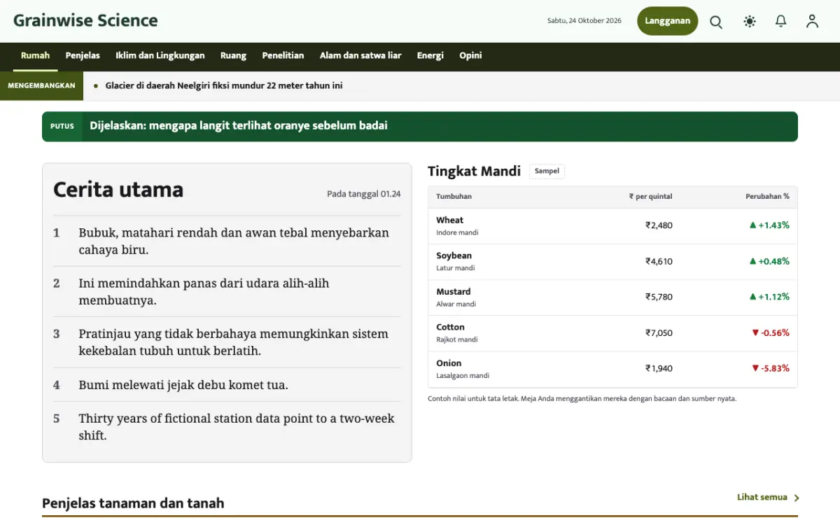 Grainwise — template situs Berita Sains, tampilan desktop