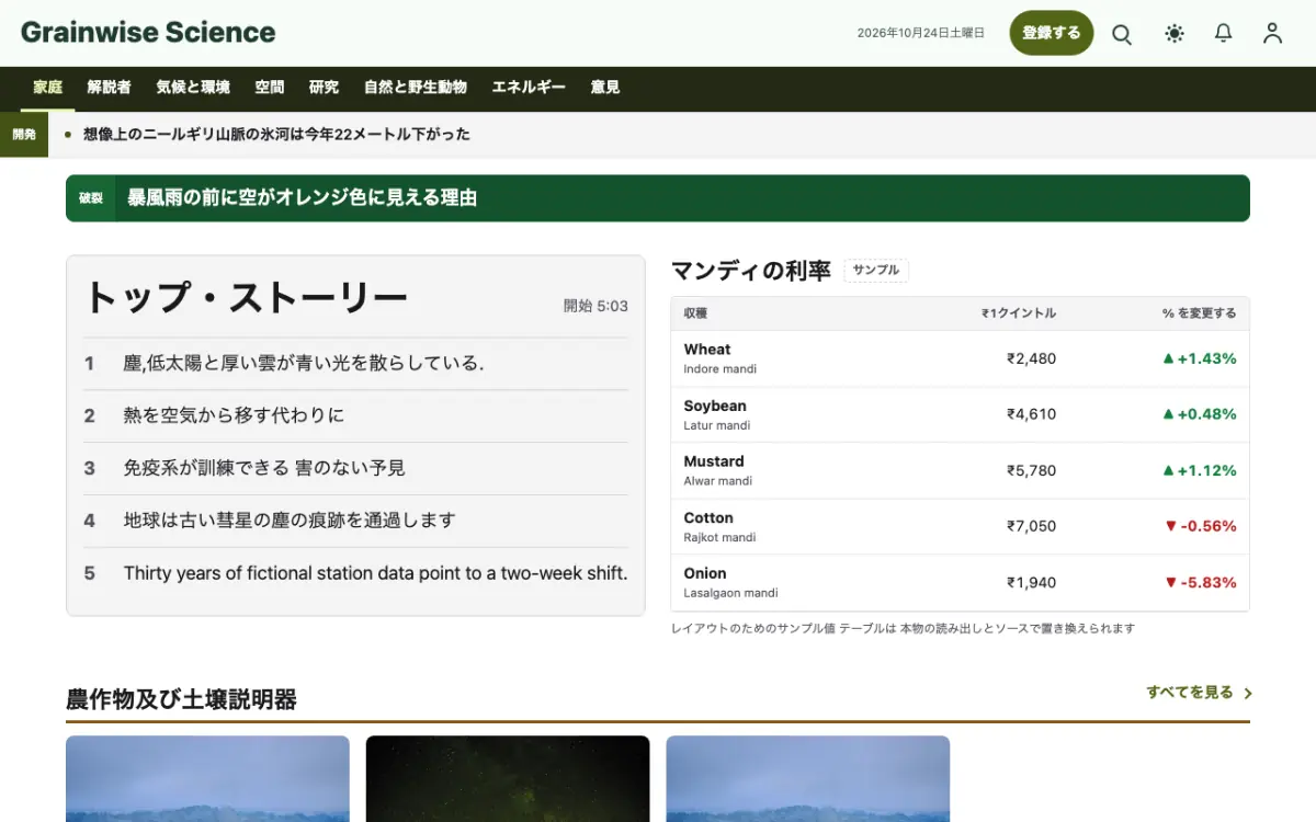 Grainwise — 科学ニュースウェブサイトのテンプレート（デスクトップ表示）