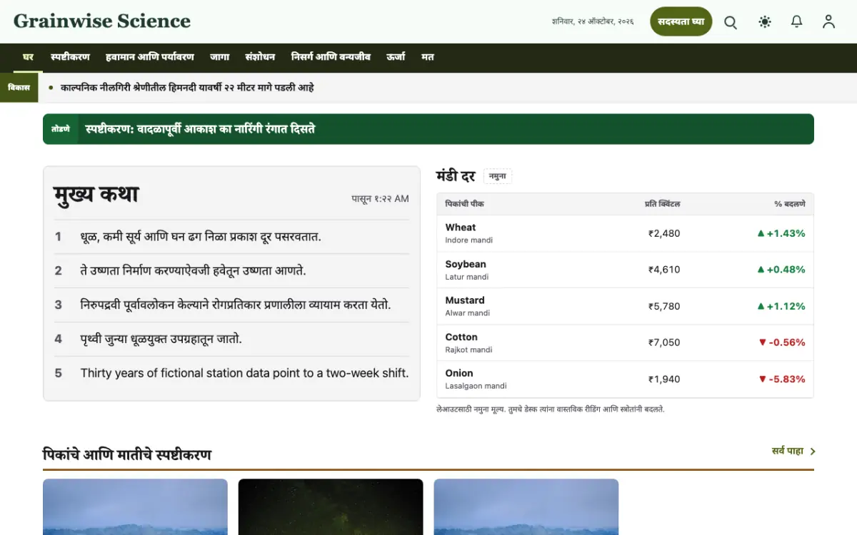 Grainwise — विज्ञान बातम्या वेबसाइट टेम्पलेट, डेस्कटॉप दृश्य