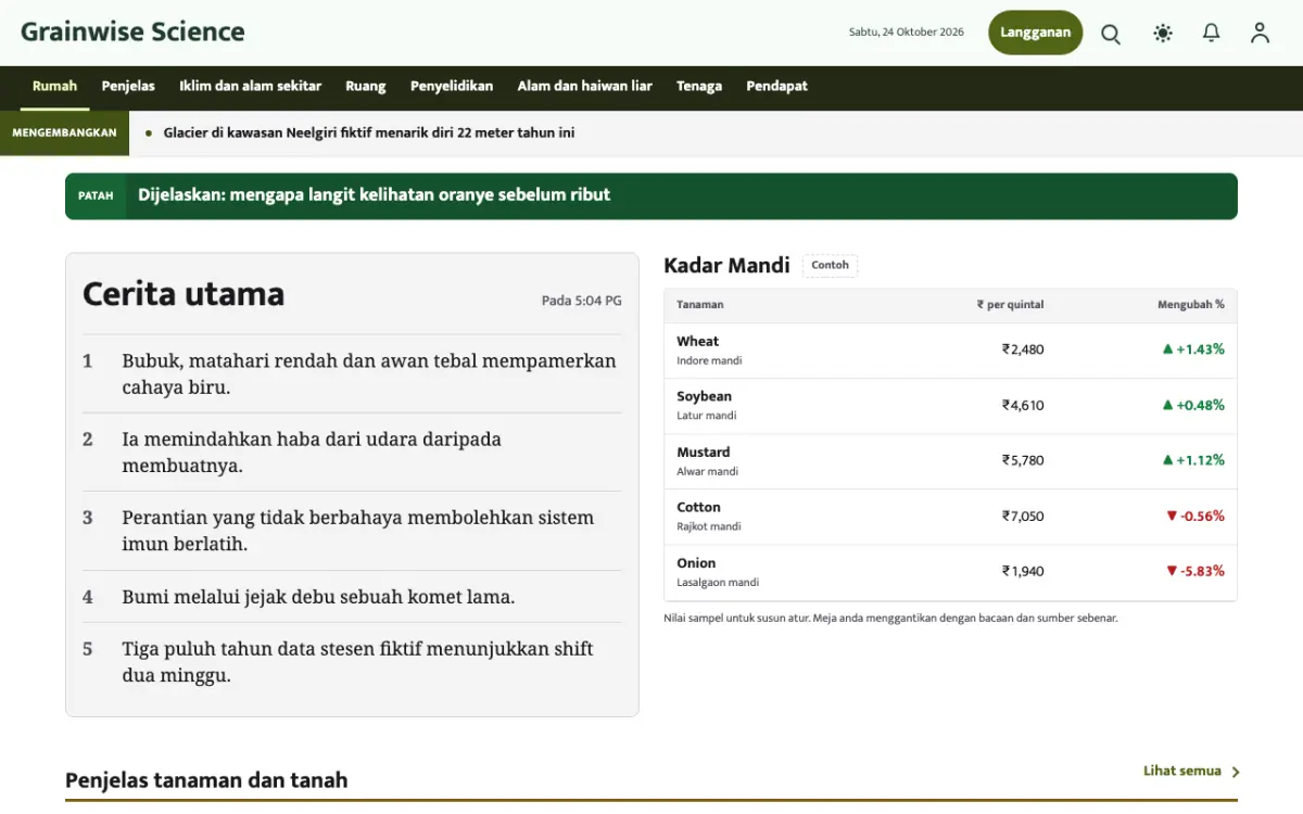 Grainwise — templat laman web Berita Sains, paparan desktop