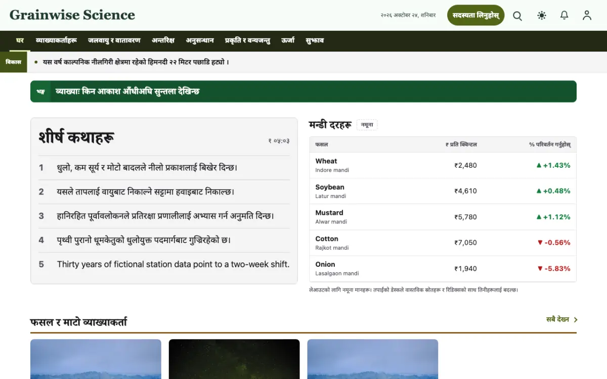 Grainwise — विज्ञान समाचार वेबसाइट टेम्प्लेट, डेस्कटप दृश्य