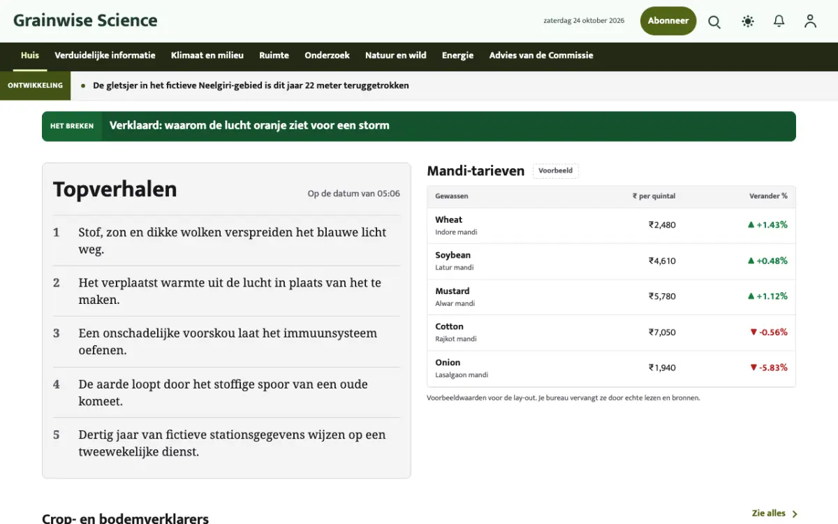 Grainwise – websitetemplate voor Wetenschapnieuws, desktopweergave