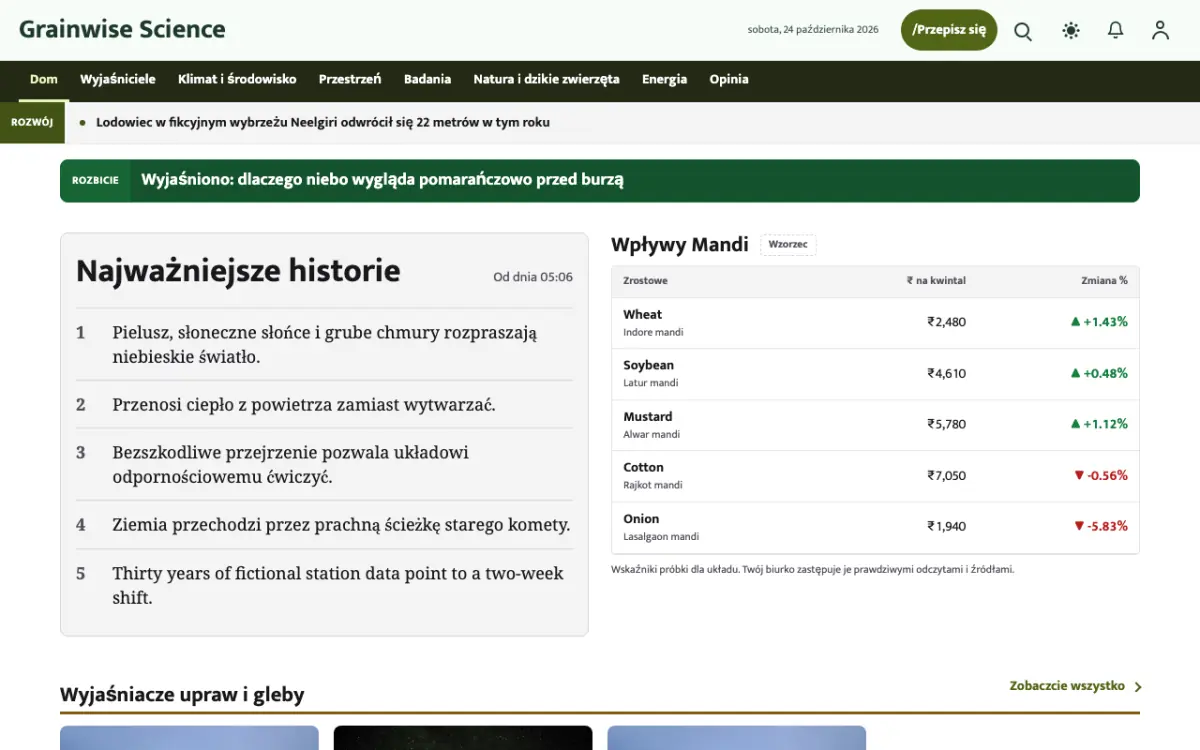 Grainwise – szablon strony (Nauka: wiadomości), widok na komputerze