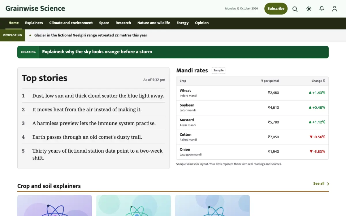 Grainwise — Science News website template, desktop view