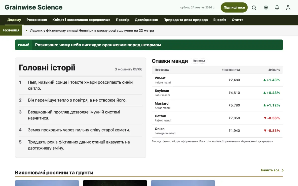 Grainwise — шаблон сайту в категорії «Наука: новини», вигляд на комп’ютері