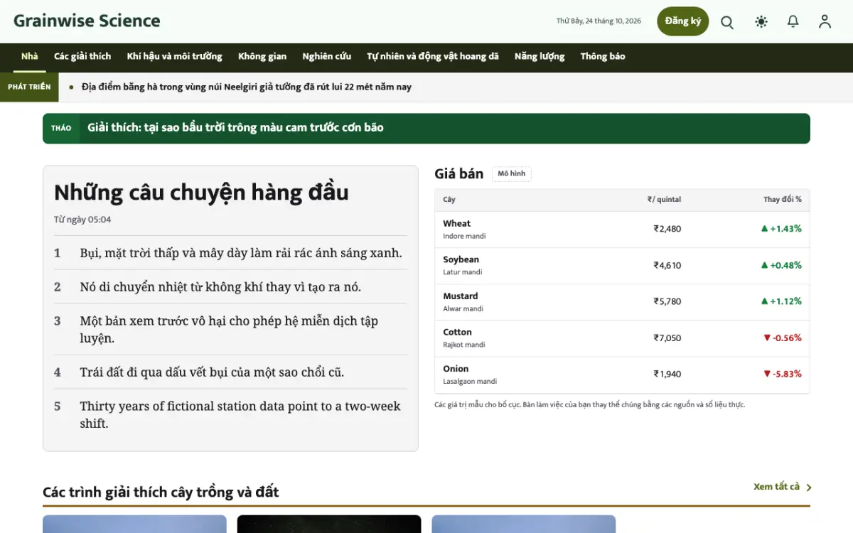 Grainwise — mẫu website Tin Khoa học, giao diện máy tính