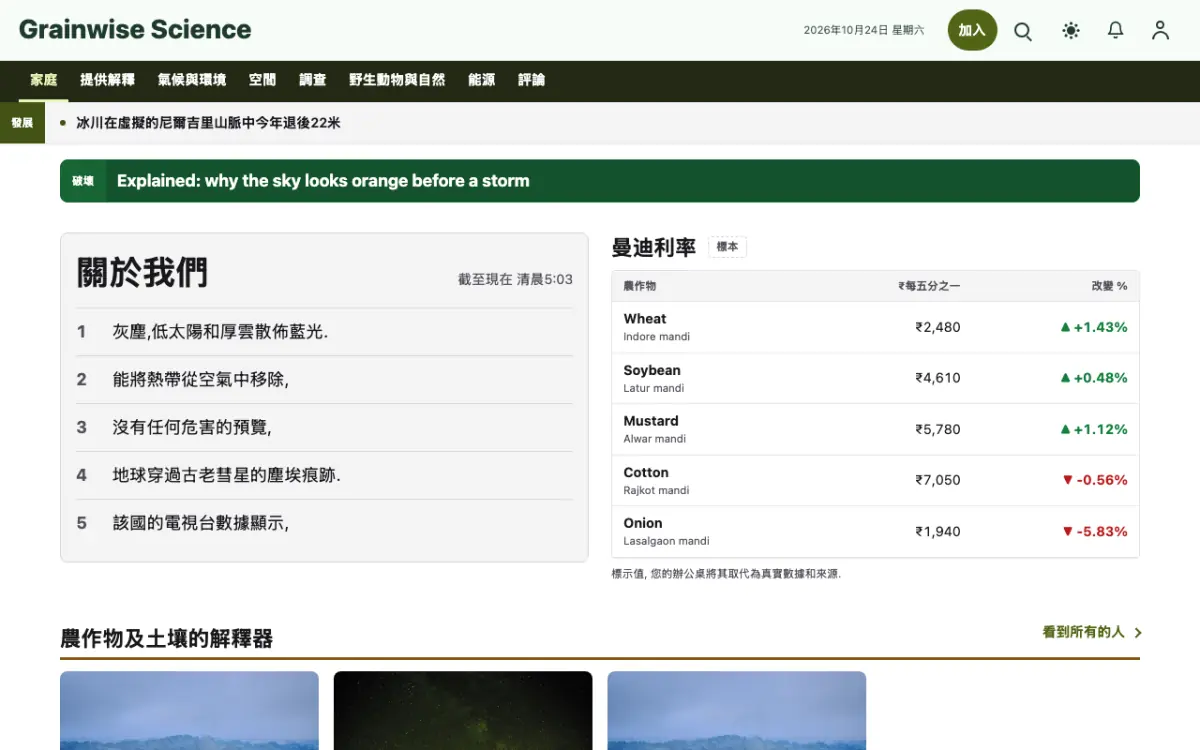 Grainwise — 科學新聞網站範本，桌面版預覽