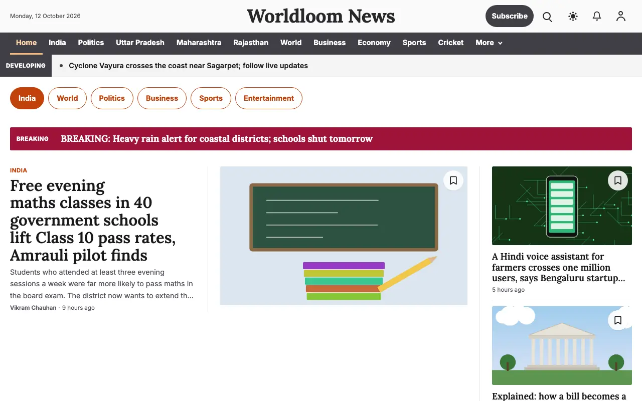 Worldloom — General News website template, full desktop view