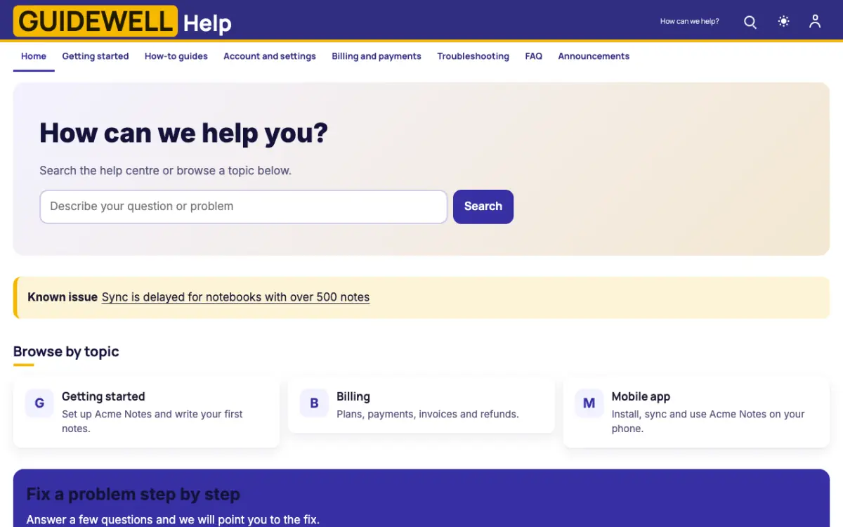 Guidewell — Support Center website template, desktop view