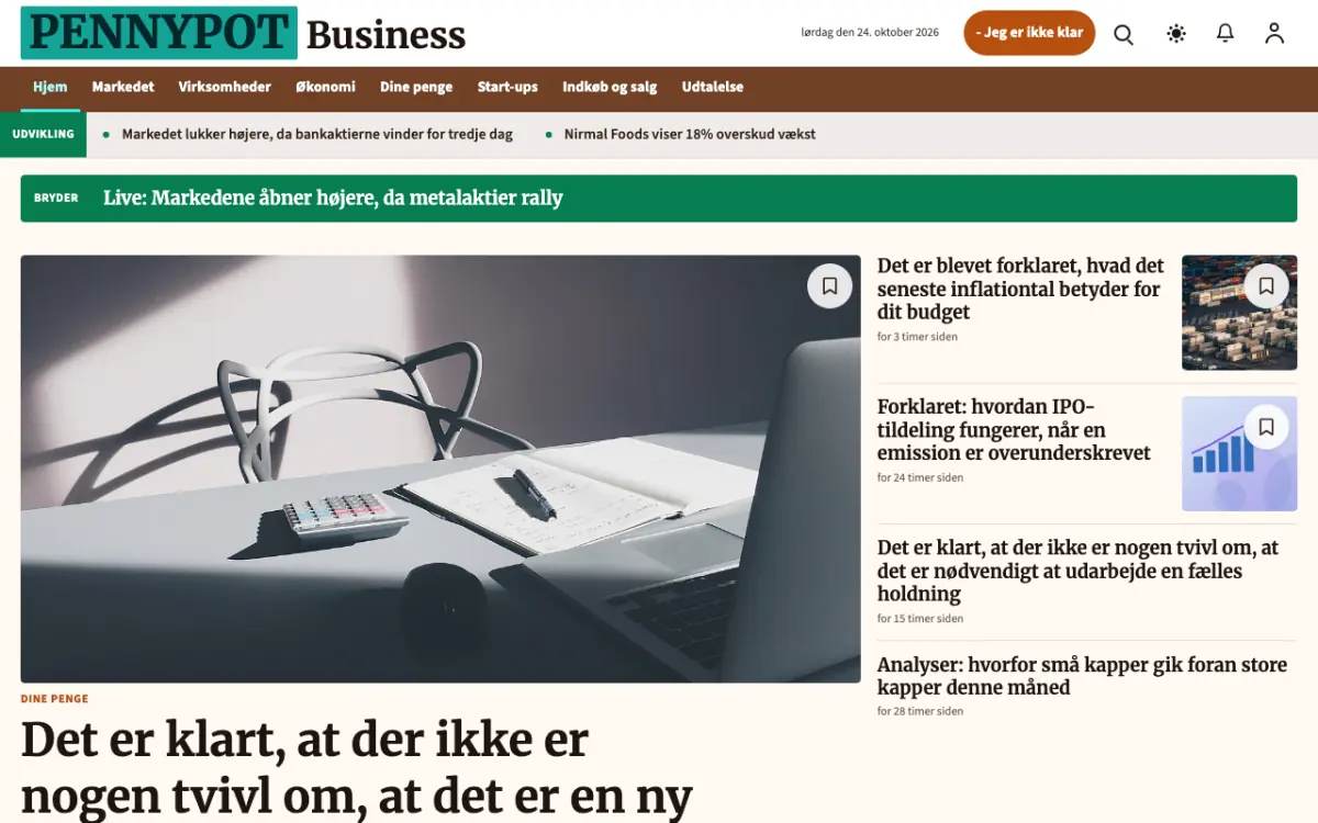 Pennypot – hjemmesideskabelon til Erhverv News, skrivebordsvisning