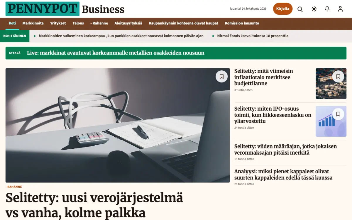 Pennypot – verkkosivumalli (Talous News), työpöytänäkymä