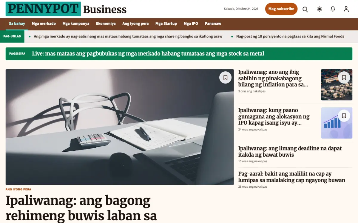 Pennypot — template ng website na Balitang Negosyo, tanaw sa desktop