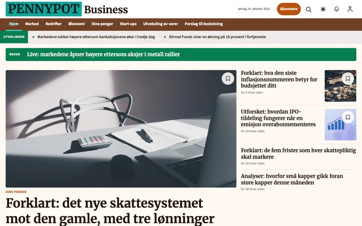 Pennypot – nettstedmal for Næringsliv News, skrivebordsvisning