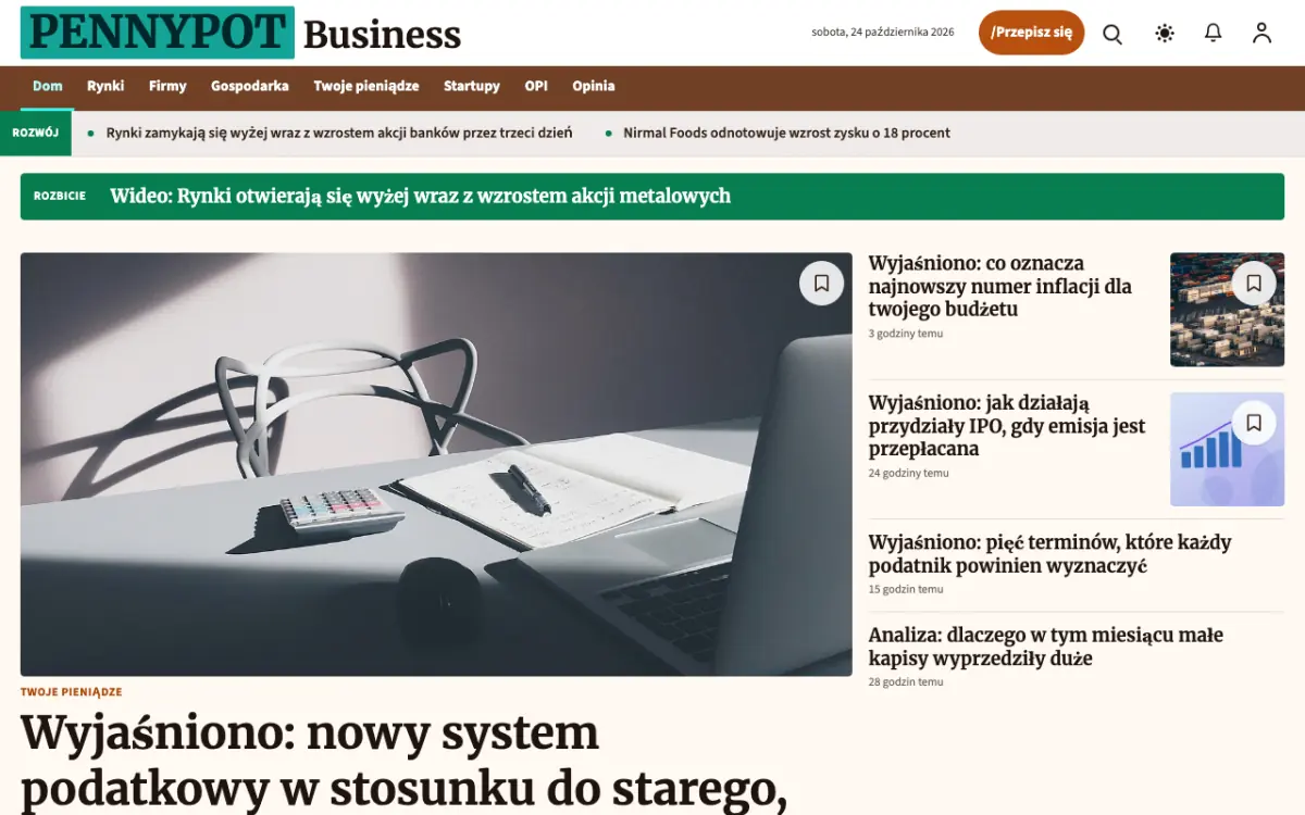 Pennypot – szablon strony (Biznes: wiadomości), widok na komputerze