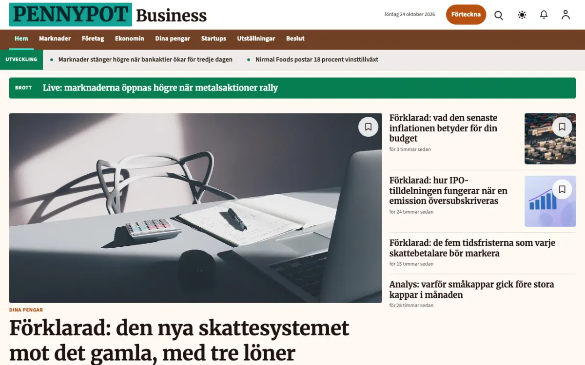 Pennypot – webbplatsmall för Ekonomi News, skrivbordsvy