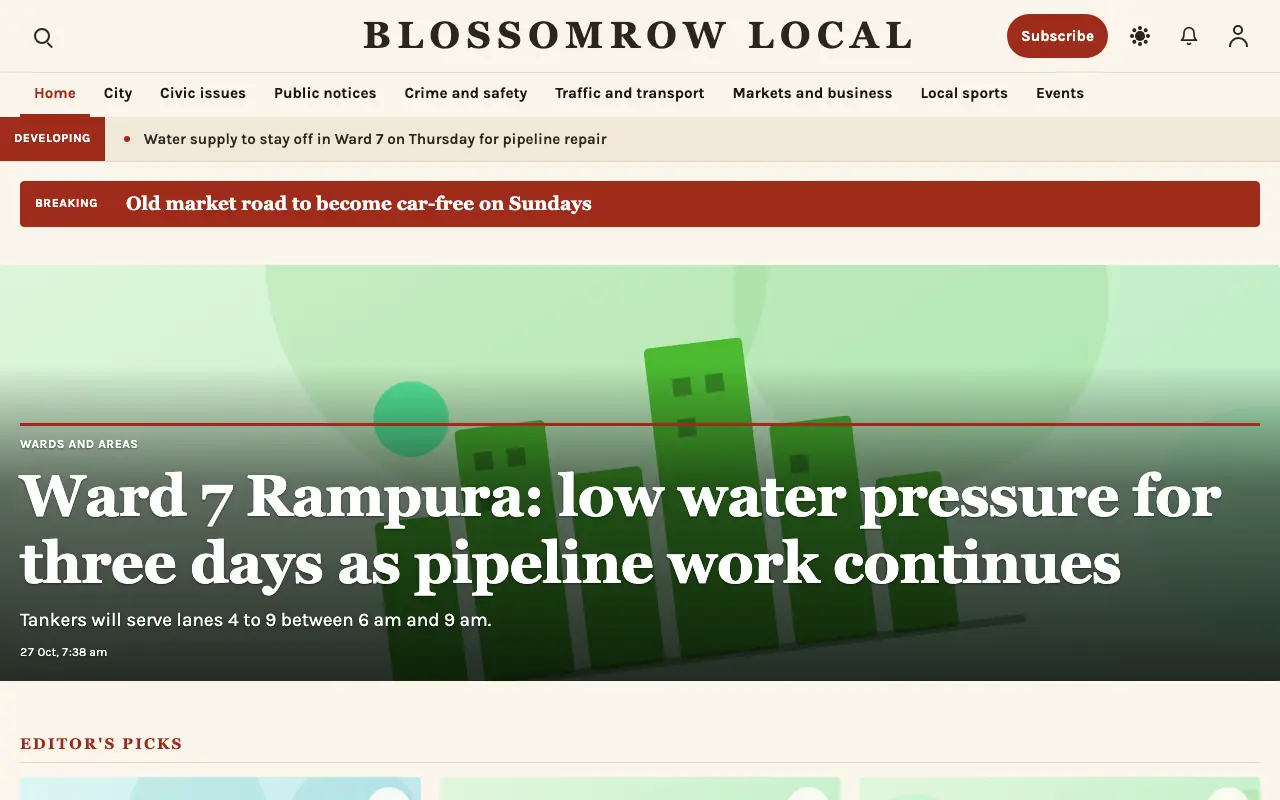 Blossomrow — Local News website template, full desktop view