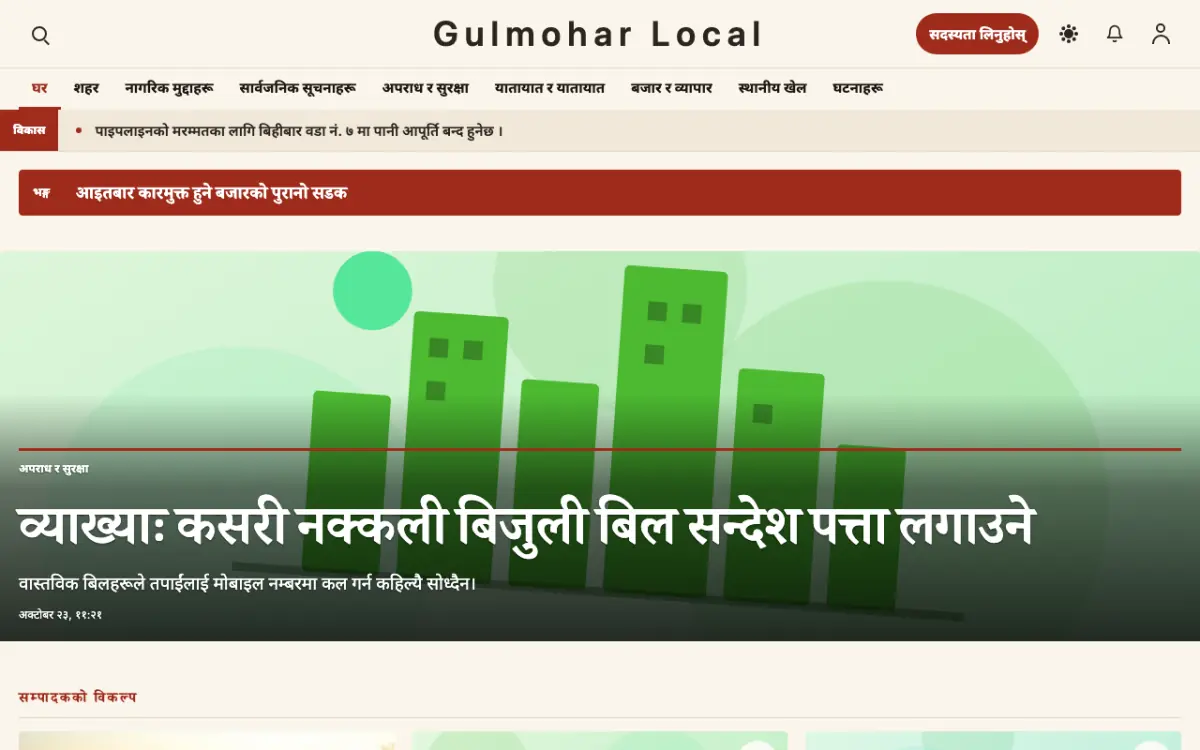 Blossomrow — स्थानीय समाचार वेबसाइट टेम्प्लेट, डेस्कटप दृश्य