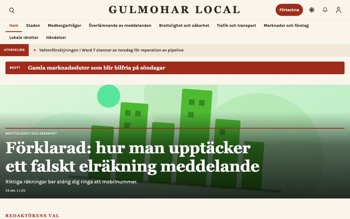 Blossomrow – webbplatsmall för Lokalt News, skrivbordsvy