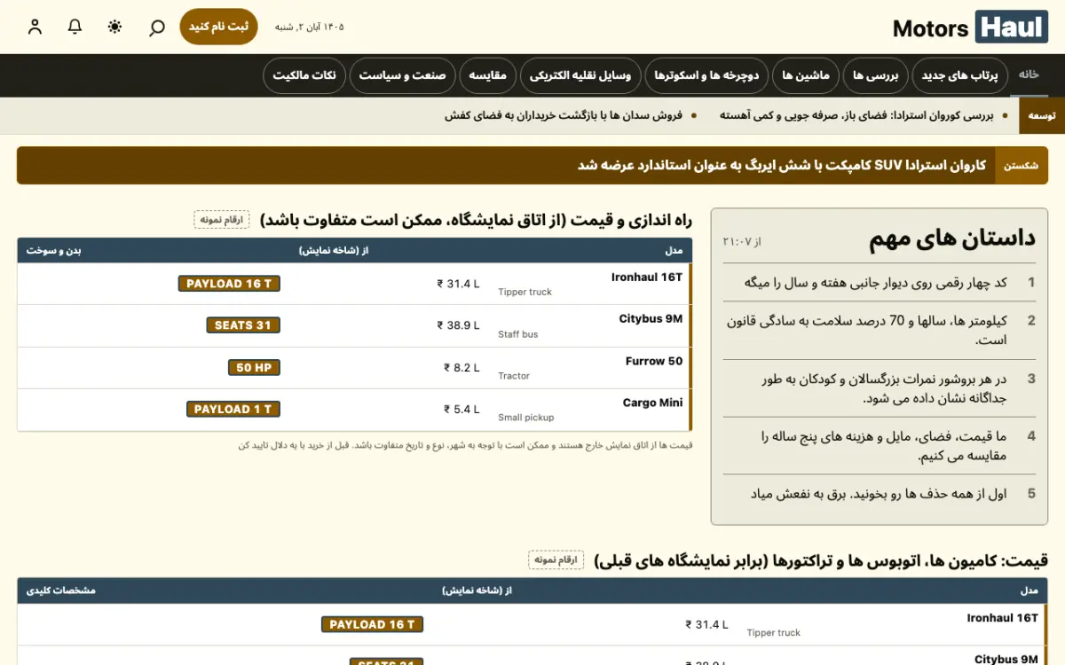 Haul — قالب وب‌سایت اخبار خودرو، نمای دسکتاپ