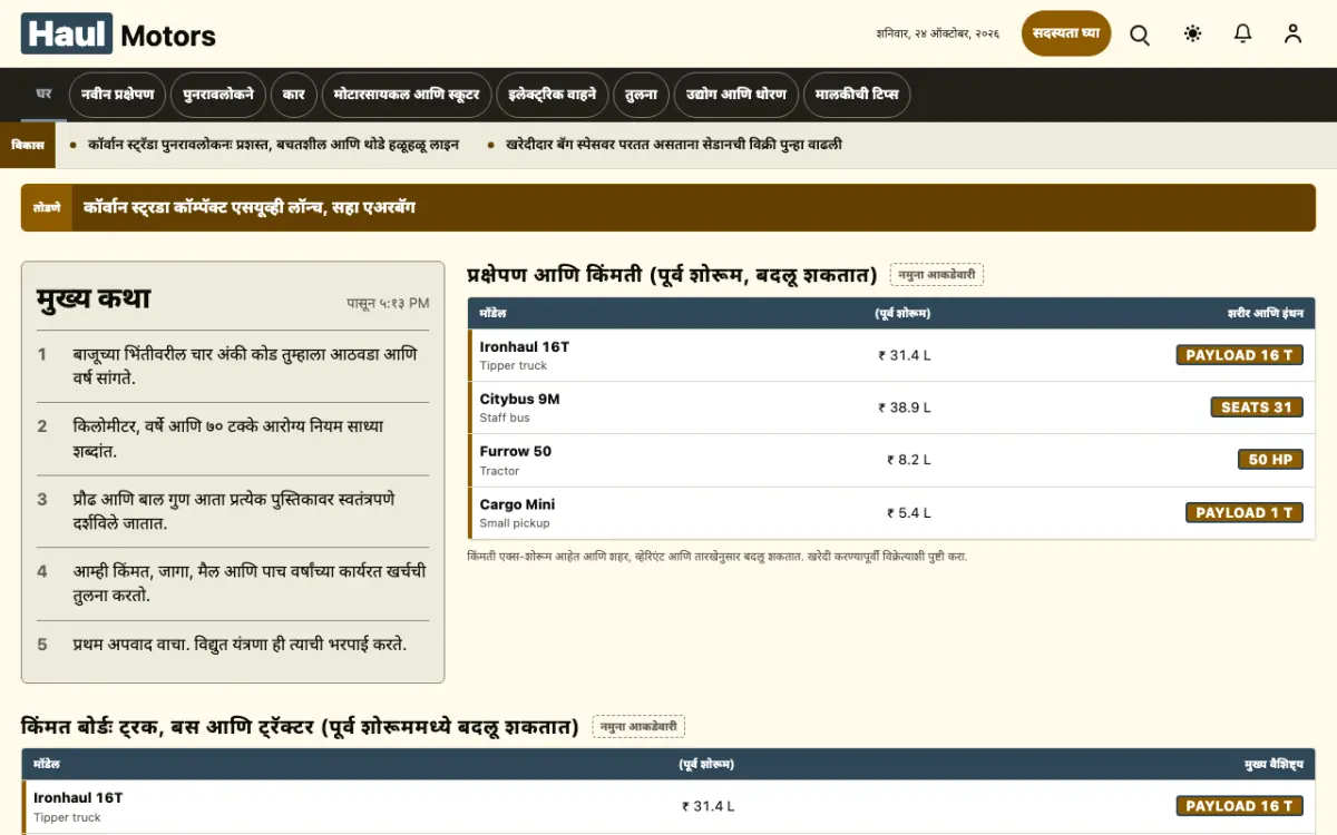 Haul — वाहन बातम्या वेबसाइट टेम्पलेट, डेस्कटॉप दृश्य