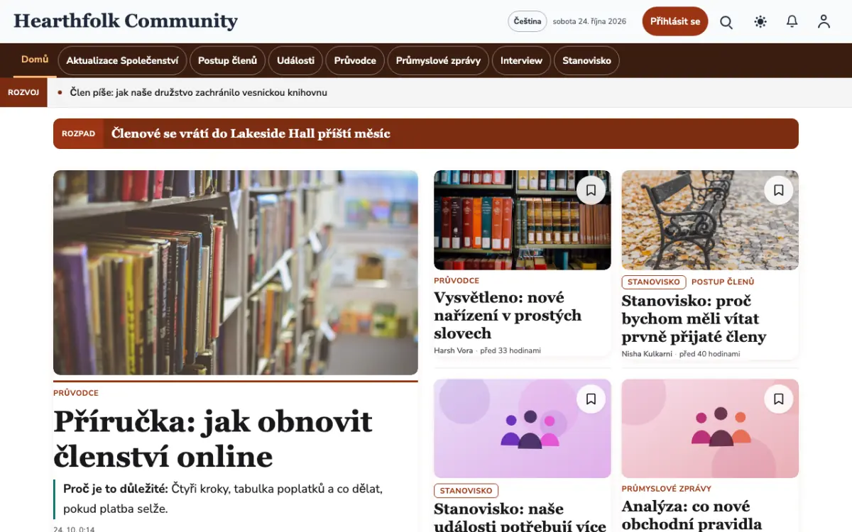 Hearthfolk — šablona webu v kategorii Komunita: zprávy, zobrazení na počítači
