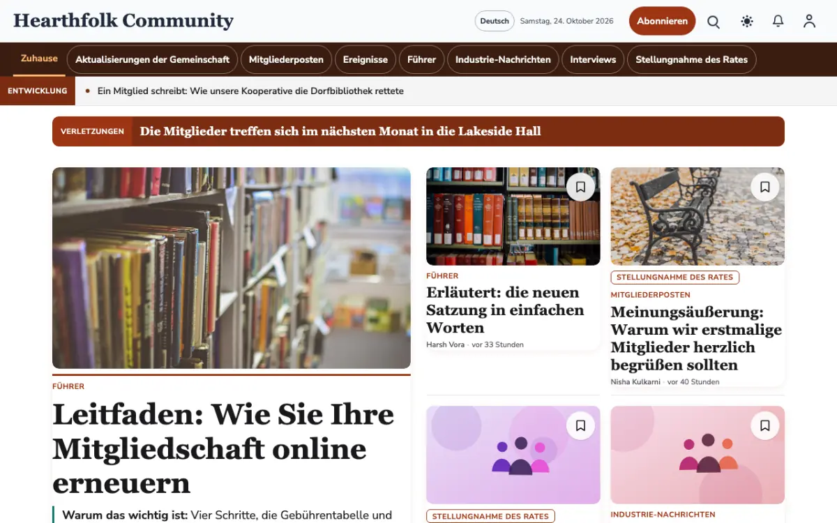 Hearthfolk – Website-Vorlage für Community-News, Desktop-Ansicht