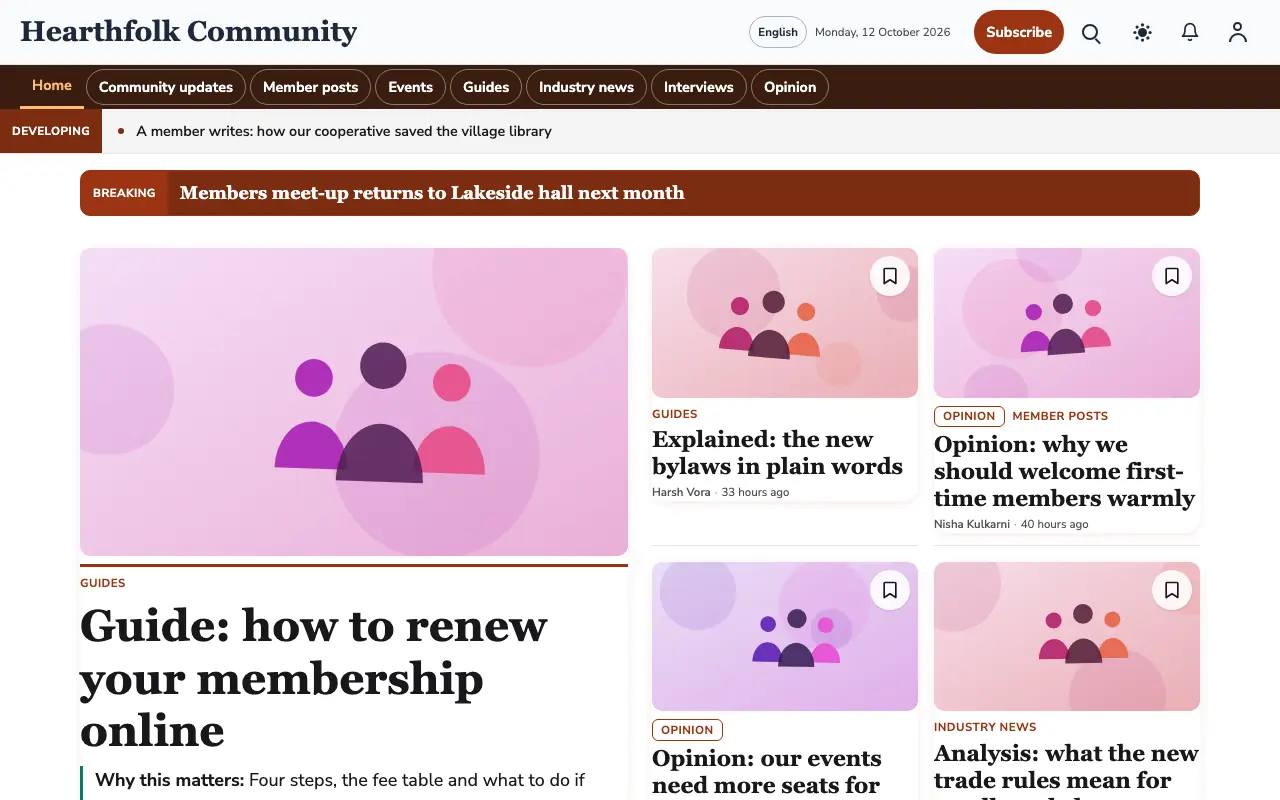 Hearthfolk — Community News website template, full desktop view