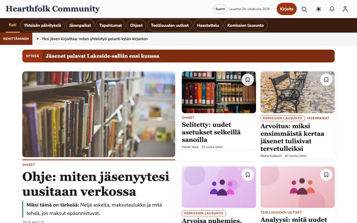 Hearthfolk – verkkosivumalli (Yhteisö News), työpöytänäkymä