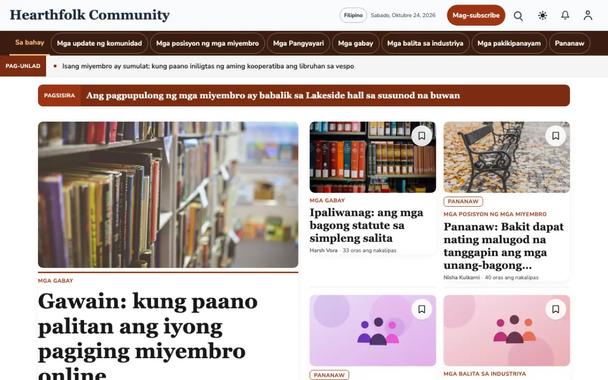 Hearthfolk — template ng website na Balitang Komunidad, tanaw sa desktop