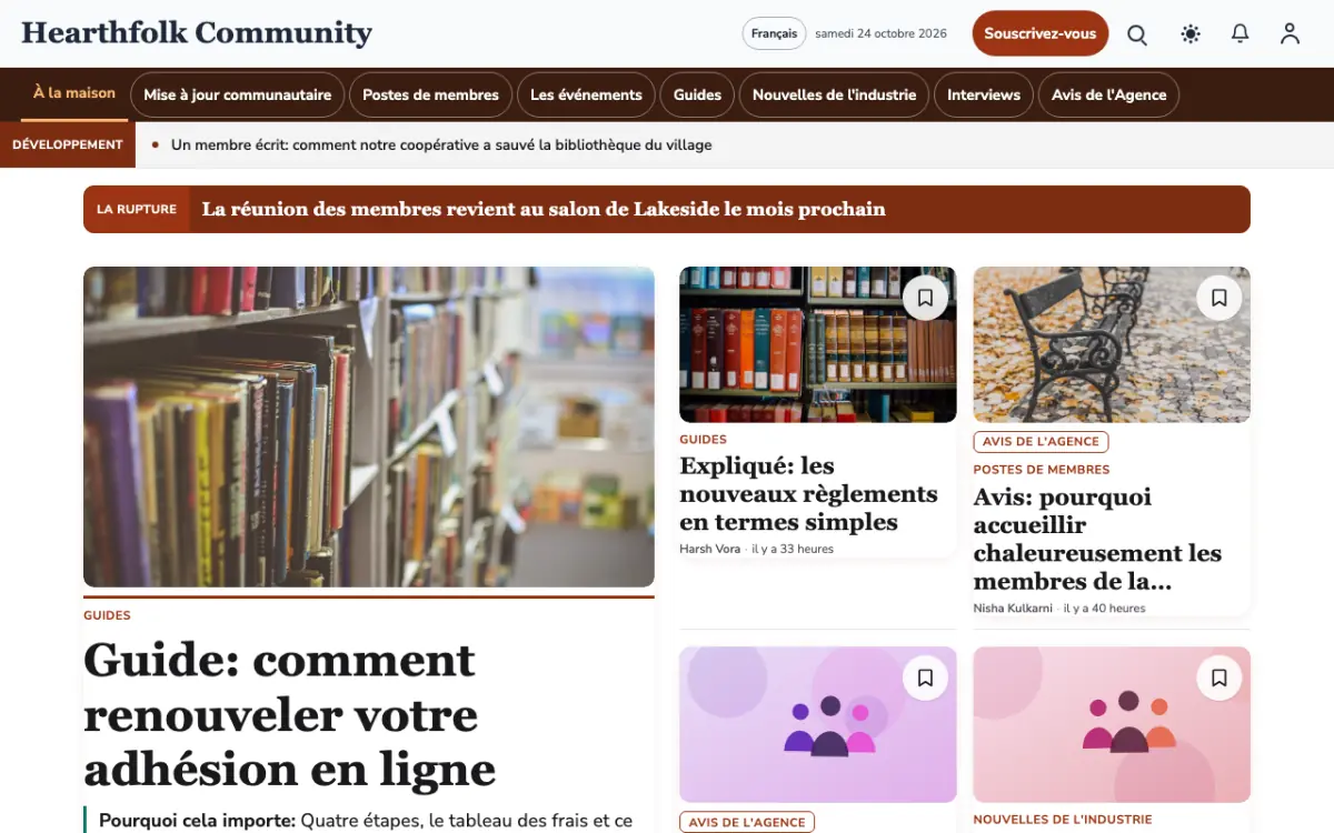 Hearthfolk — modèle de site web Actualités Communauté, vue sur ordinateur