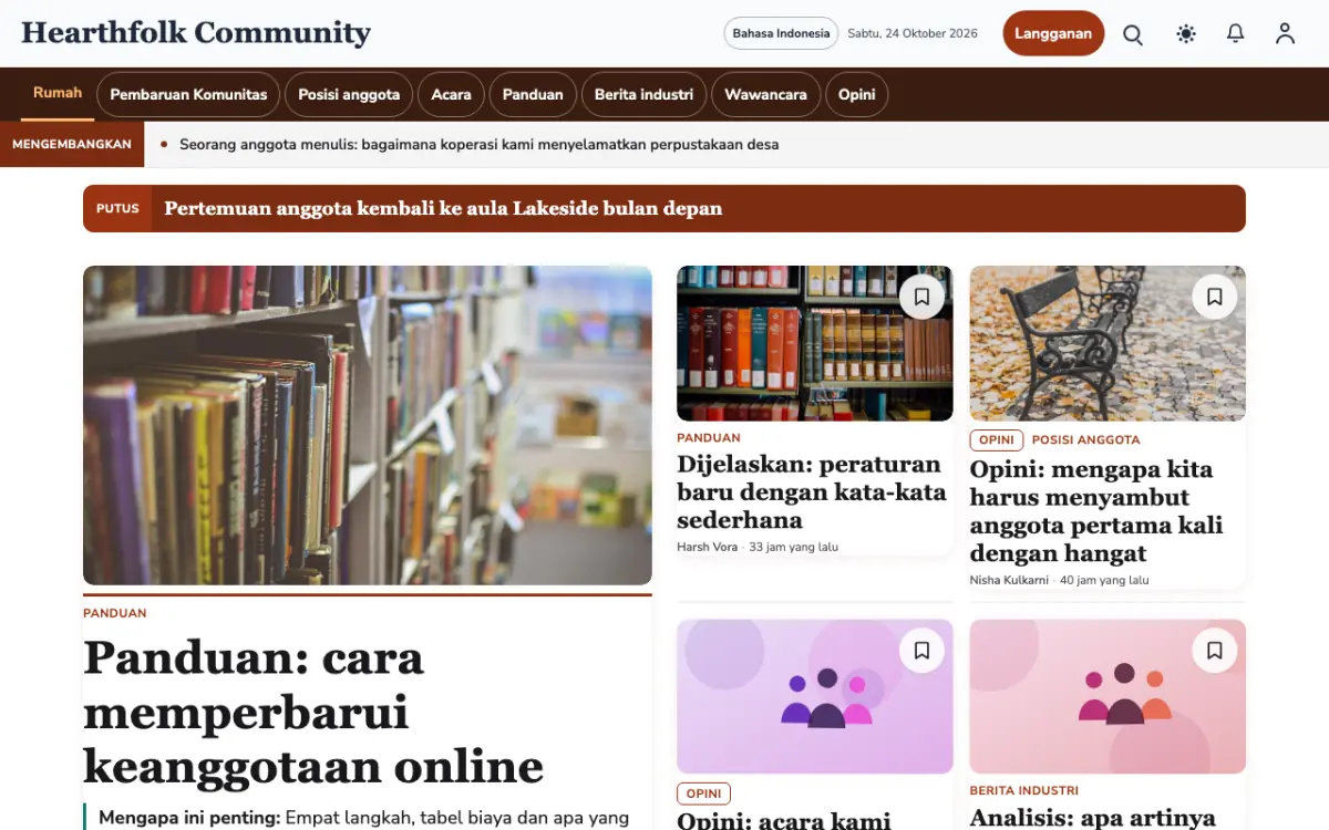 Hearthfolk — template situs Berita Komunitas, tampilan desktop