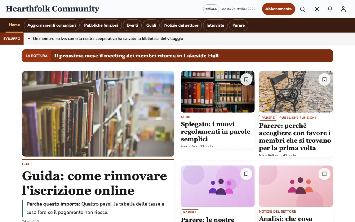 Hearthfolk – template di sito per News Comunità, vista desktop