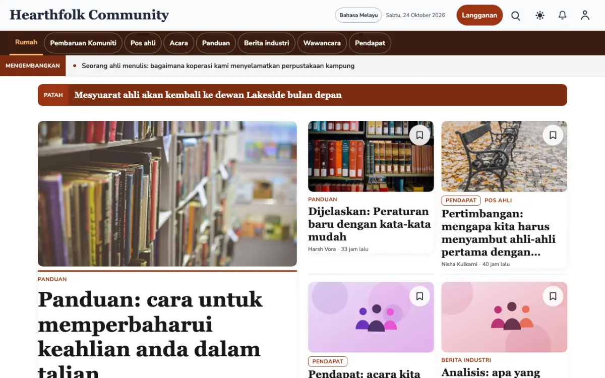Hearthfolk — templat laman web Berita Komuniti, paparan desktop