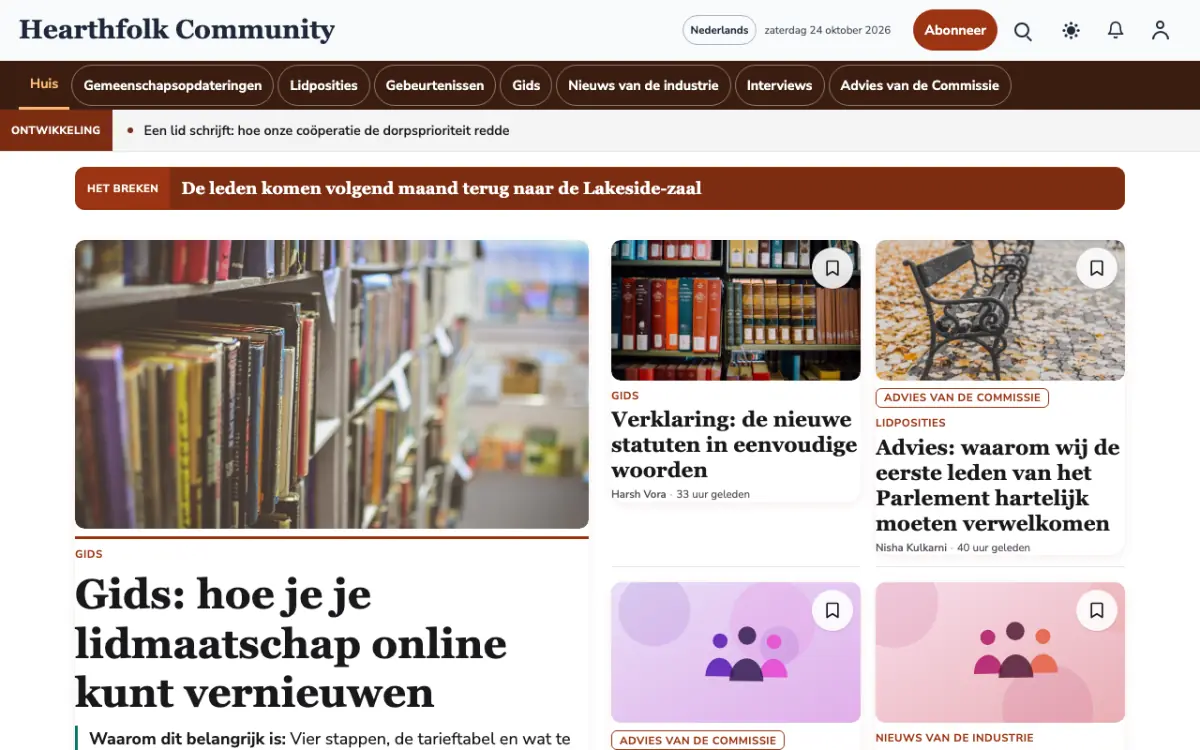 Hearthfolk – websitetemplate voor Communitynieuws, desktopweergave