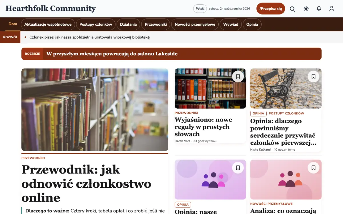 Hearthfolk – szablon strony (Społeczność: wiadomości), widok na komputerze