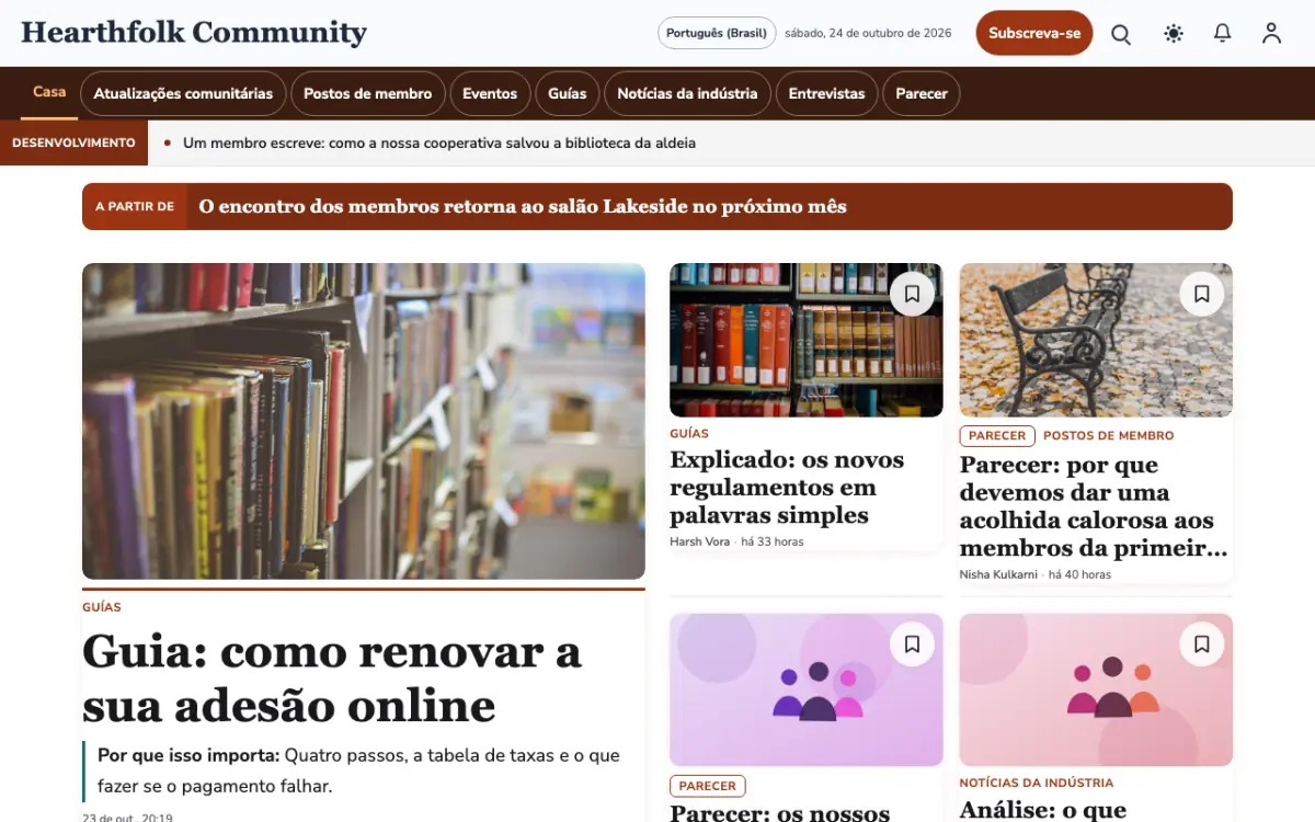 Hearthfolk — modelo de site de Notícias de Comunidade, visualização em desktop