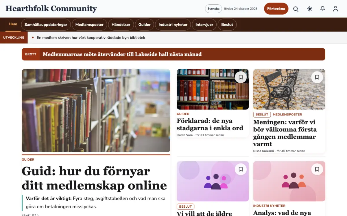 Hearthfolk – webbplatsmall för Gemenskap News, skrivbordsvy