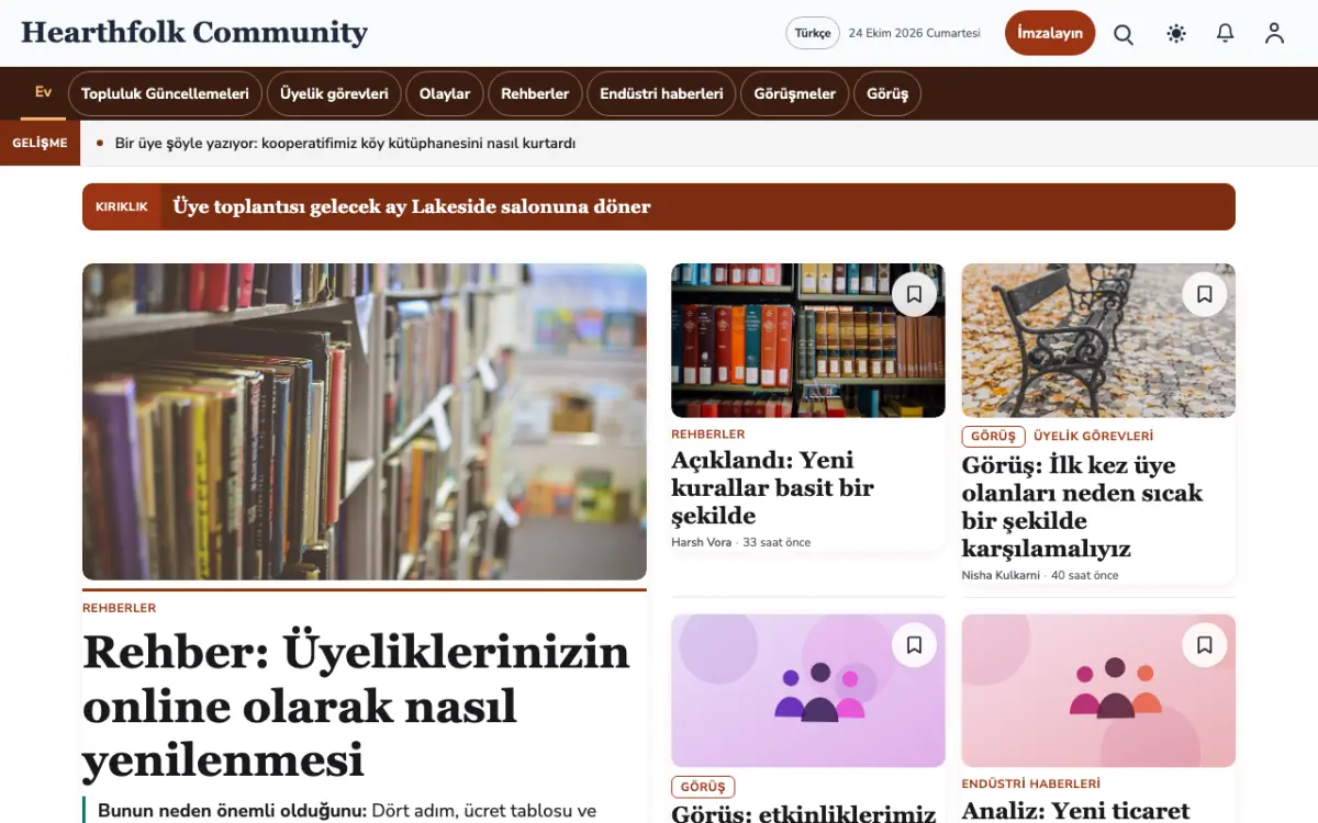Hearthfolk — Topluluk Haberleri web sitesi şablonu, masaüstü görünümü