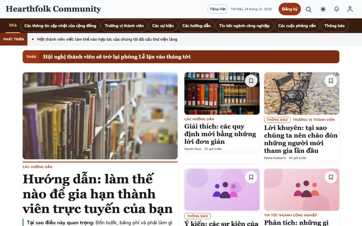 Hearthfolk — mẫu website Tin Cộng đồng, giao diện máy tính