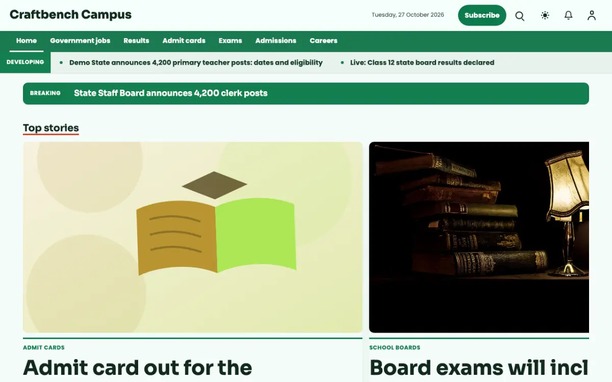 Craftbench — Education News website template, desktop view